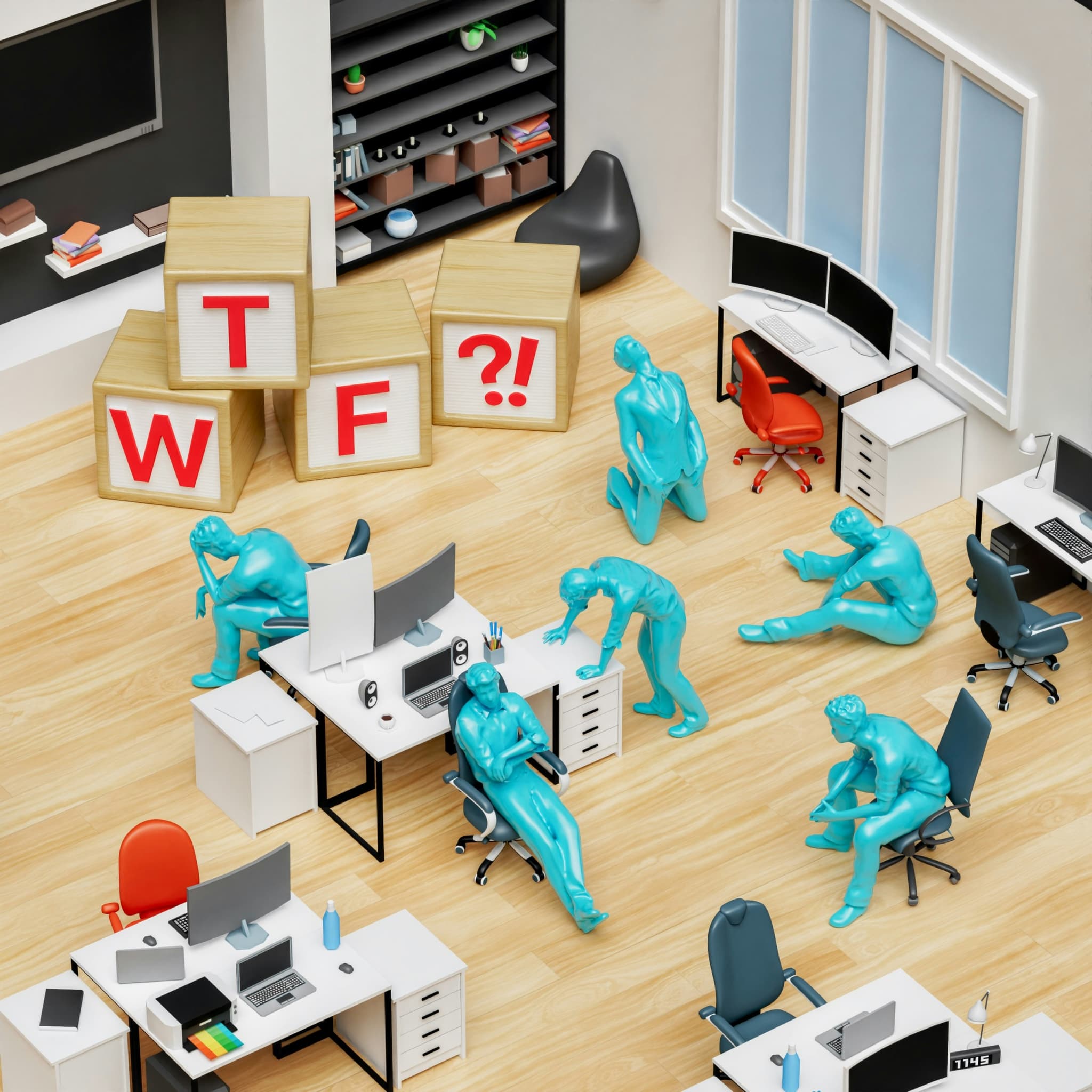 a group of figures frustrated in an office